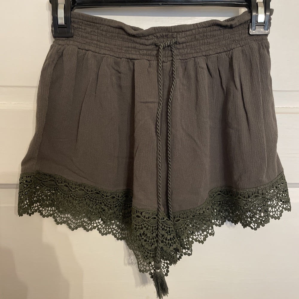 Mudd Flowy‎ Lightweight Shorts with Lacey Trim Olive Green Medium